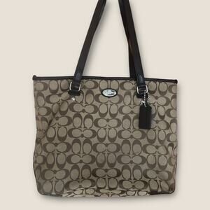 Authentic Coach Jacquard Monogram Tote Purse Brown Tan with Leather Trim